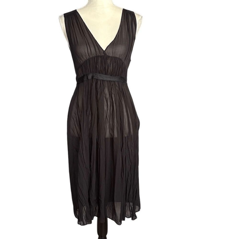 Theory Black Silk Sheer Pleated Midi Dress Size 0 Formal Sleeveless with flaw